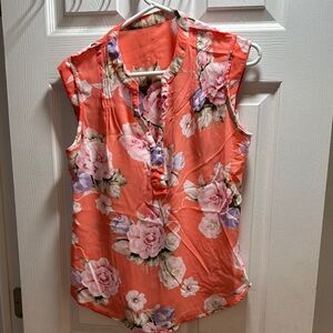 Candie's Orange and Pink Ruffled Sleeveless Blouse with Mandarin Collar